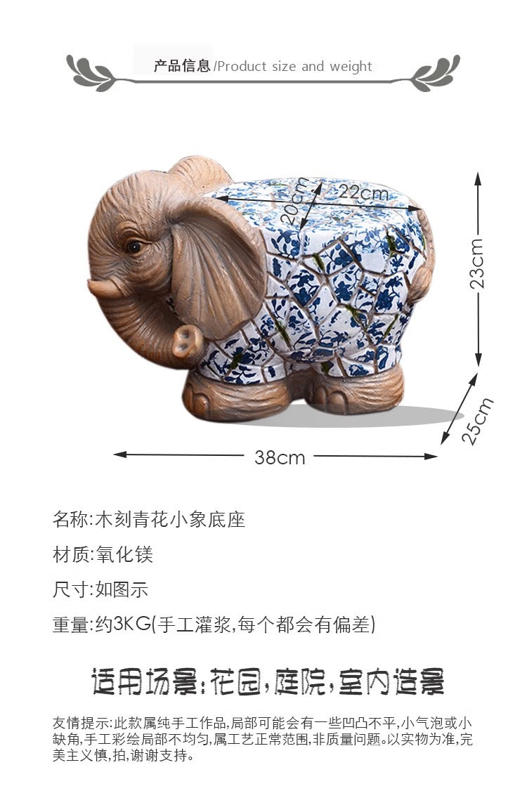 Cartoon Courtyard Animal Decoration Ornament Blue and White Elephant Stump Courtyard Garden Flower Pot Base Balcony Outdoor Chair