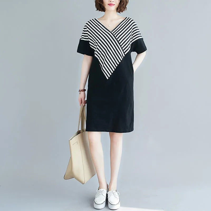 Korean Style Mid-Length Short-Sleeve Striped Patchwork Skirt, Belly-Covering, Slimming, Plus Size, Loose-Fit, Casual V Women's Trendy Collared Dress