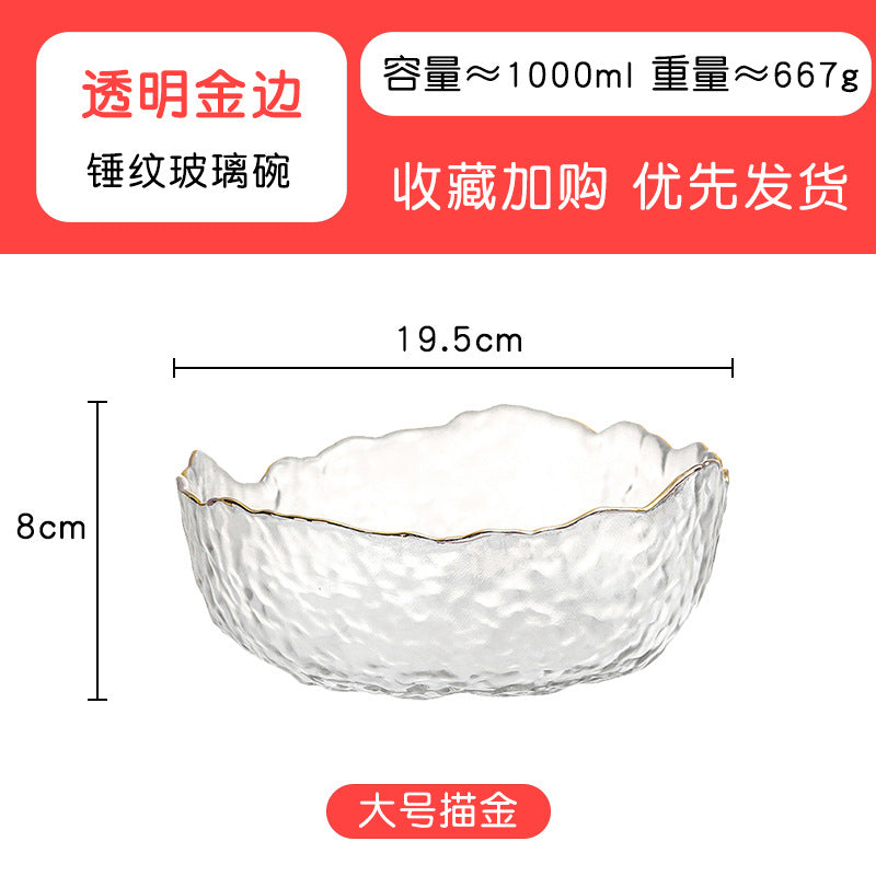 Japanese Style Glass Bowl Gold Rim Salad Bowl Transparent Fruit Plate Dessert Bowl Instant Noodle Bowl Rice Bowl Tableware Household Snack Bowl
