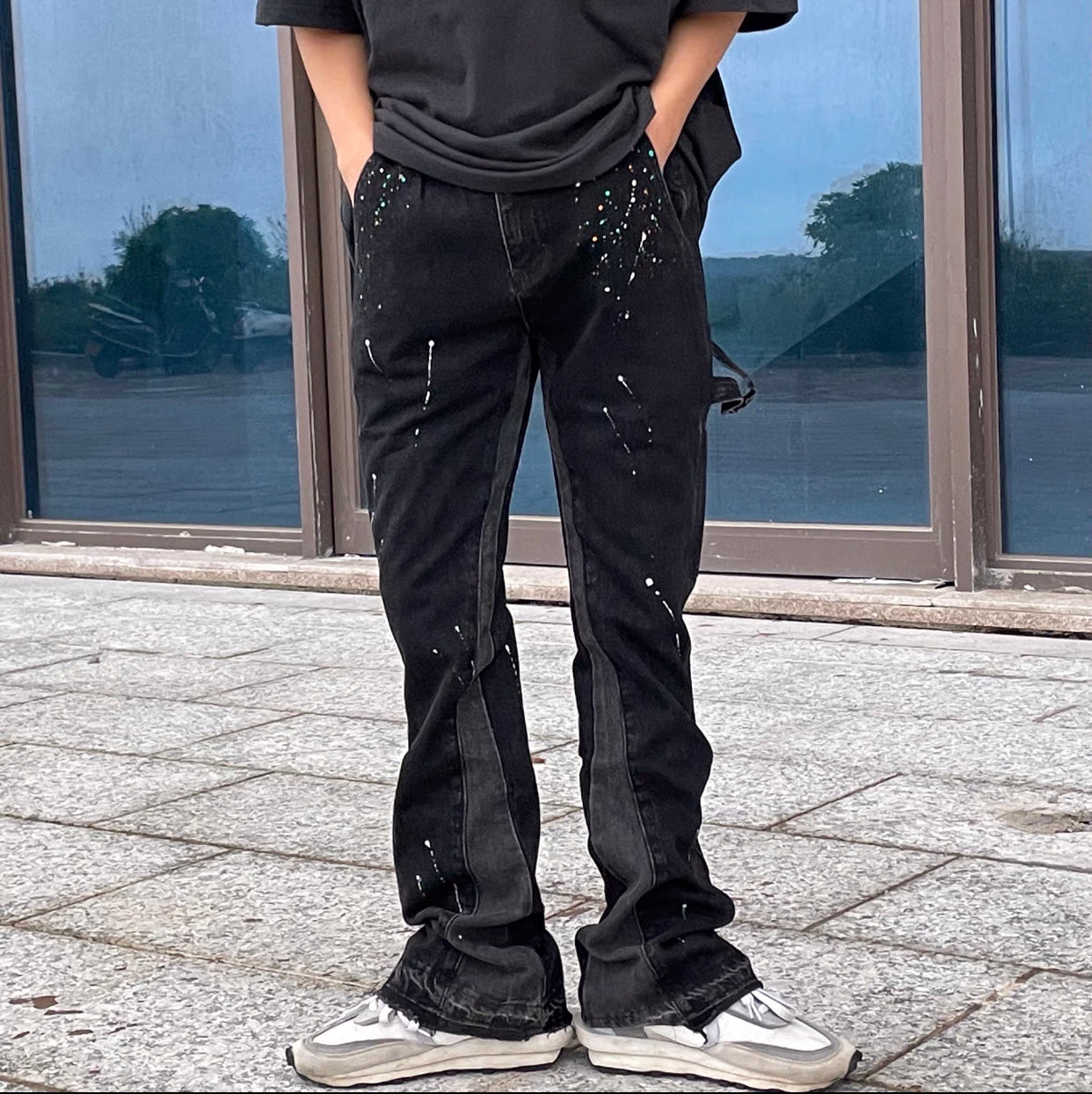 2023New Graffiti Ink Splash Damage Dept Casual Retro Niche vibo High Street Men's and Women's Flared Jeans