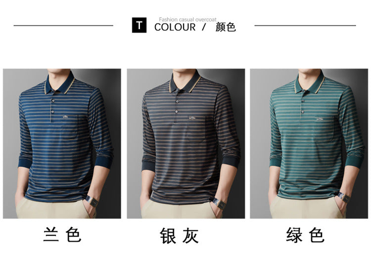 Autumn Men's Long Sleeve Cotton t Shirt for Middle-aged Dad Autumn Outfit with Turn-down Collar and Stripes POLO Base Layer Shirt T Grandpa's clothes