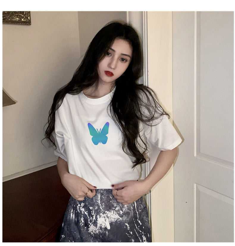 Summer2025New Year's Trendy Internet Celebrity Couple Outfit Reflective Butterfly Short Sleeve t Women's Summer T-shirt ins Super Popular Short Top