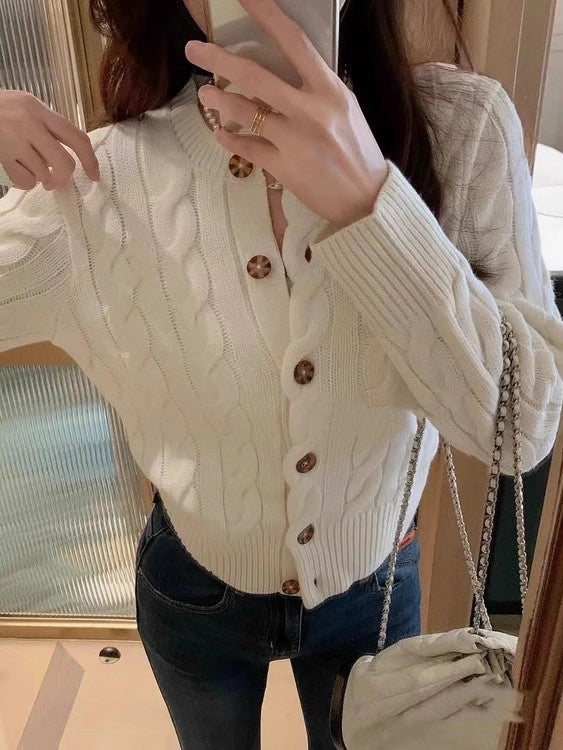 Counter Same Style Pony Embroidery Wool Cable Vintage Knitted Cardigan Women Autumn Winter Sweater Round Neck Thick Coat Top