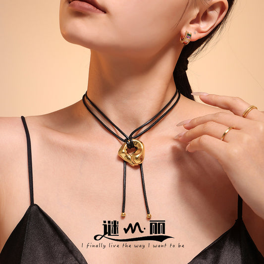 Mili Jewelry New Adjustable Leather Cord Necklace for Women Heavy Craft Curved Design Titanium Steel PVD Plating18k Genuine Gold In Stock