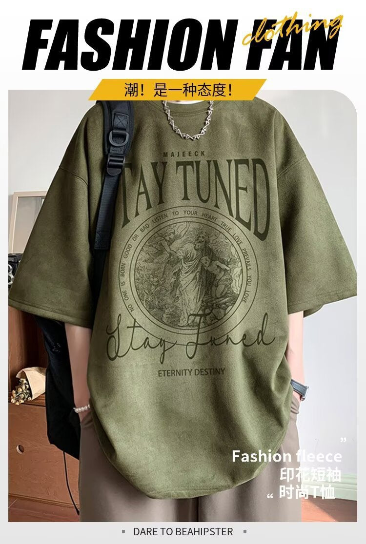 2025New Faux Suede Short Sleeve Men's Summer New American Style Heavyweight Trendy Loose Half Sleeve T Trendy Five-Sleeve Shirt