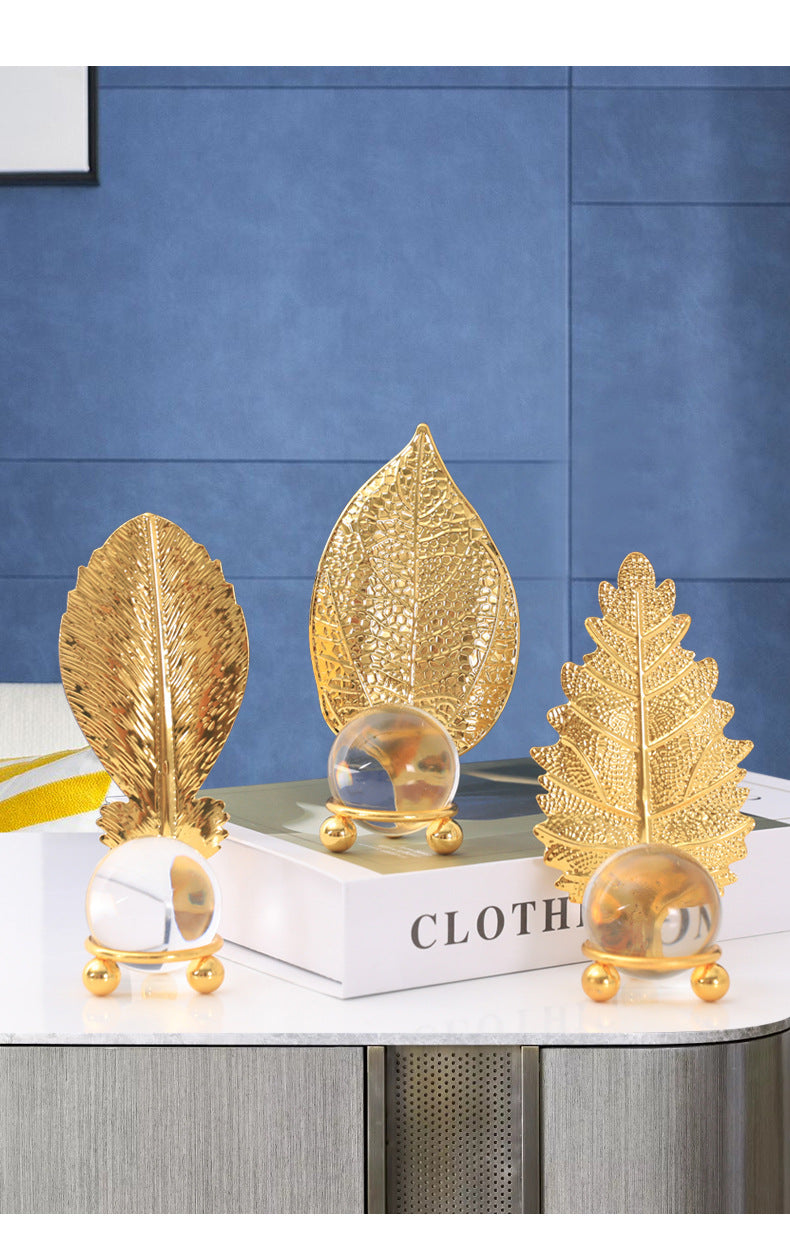 Nordic Light Luxury Metal Leaf Crystal Ball Ornament for Study Room Bookshelf Wine Frame Model Room Entrance Decoration Ornament