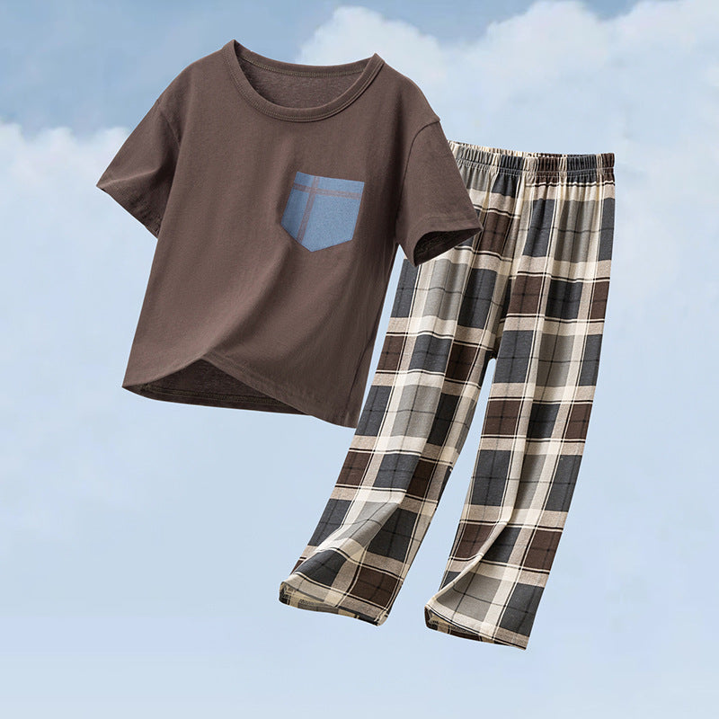 Parent-Child Cotton Homewear Summer Style Children's Short Sleeve Long Pants Set Cartoon Air Conditioning Clothing Sweat-Absorbing Printed Pajamas Couple Outfit