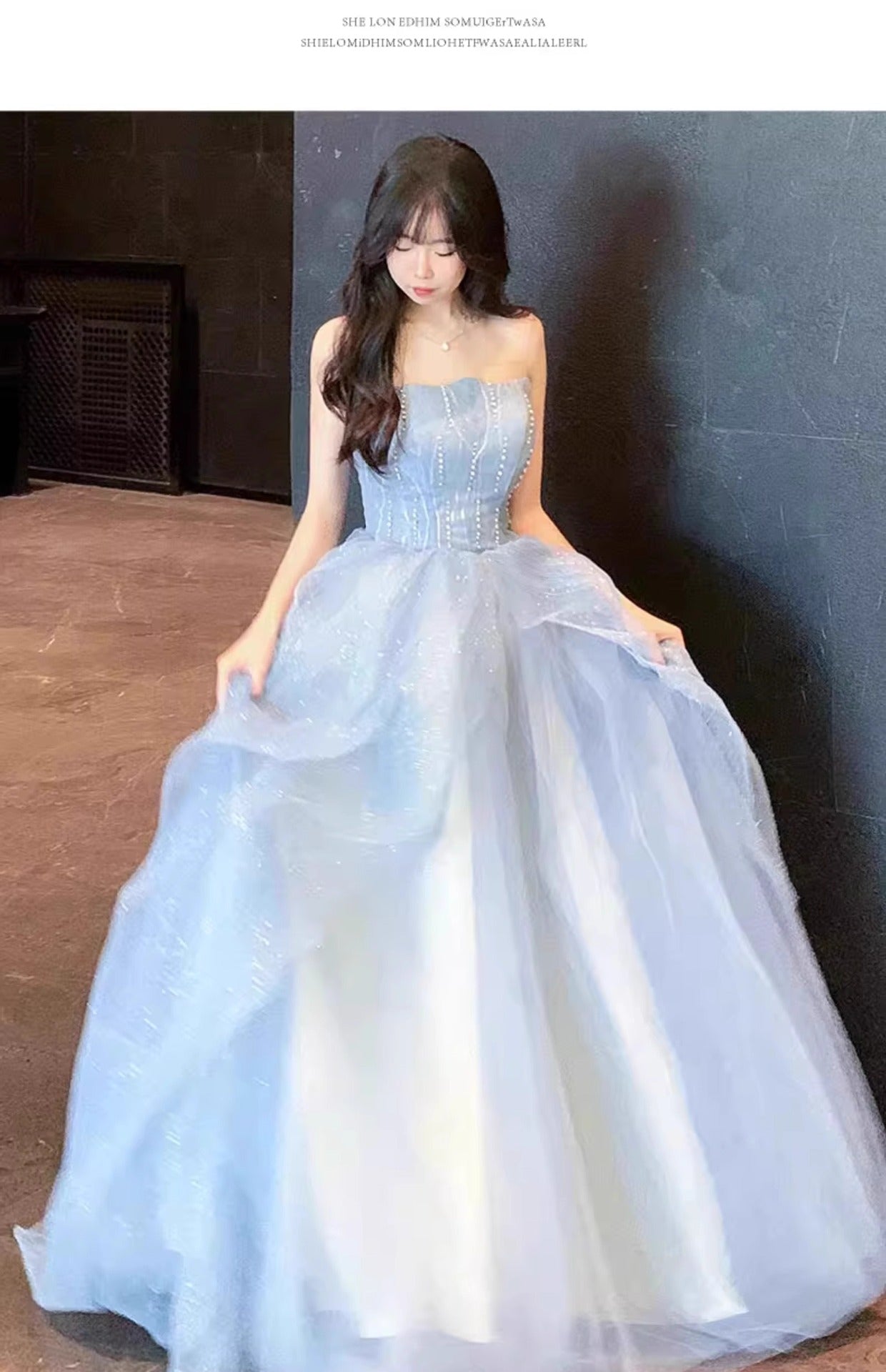 Blue Strapless Dress Puff Skirt Runaway Princess Fairy Dress Light Luxury High-end Evening Dress Host Slim Fit Elegant
