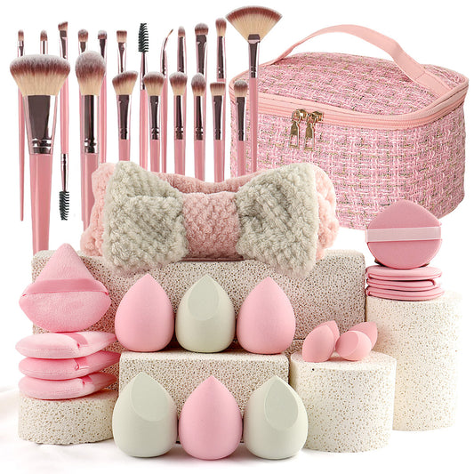 Cross-Border40Set of Beauty Tools with Travel Makeup Bag, Complete Makeup Brush and Powder Puff Set for Pre and Post Makeup
