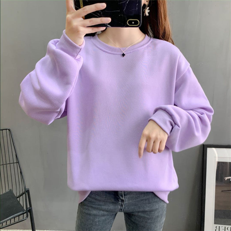 Plain Solid Color Round Neck Student Sweatshirt Fleece Lined Thick Loose Long Sleeve Top Blank Version Jacket Unisex Couple Outfit