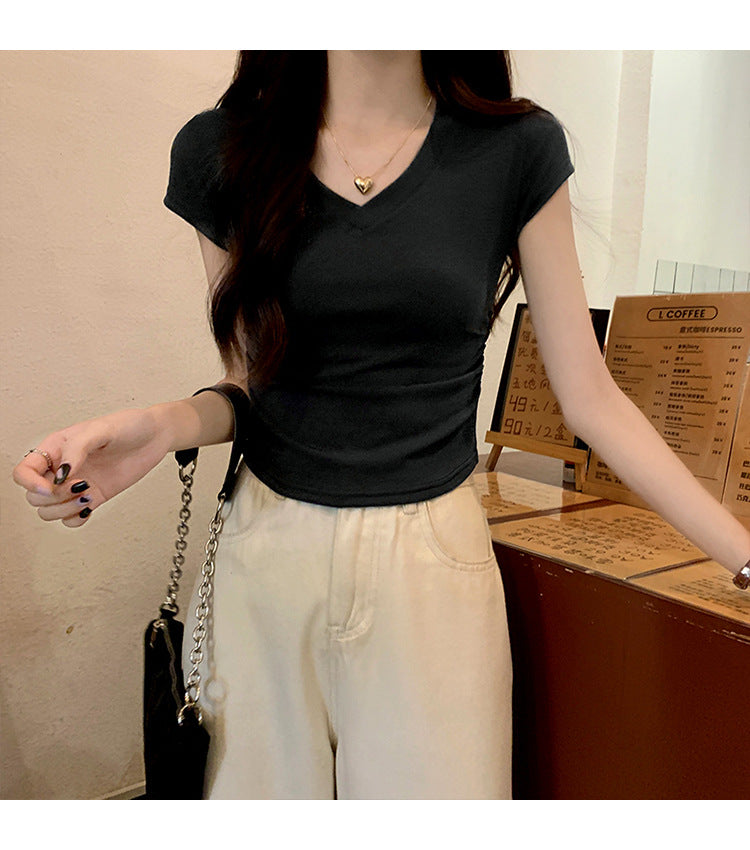 White Slim Fit Ruched t Women's Summer T-shirt2024New design with a structured shoulder and waist-cinching effect for a slimming look V Collar Short Sleeve Top