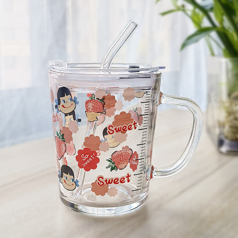 ins Glass Cup with Straw Milk Breakfast Cup Cute Cartoon Graduated Cup with Lid Spoon Gift Customization logo