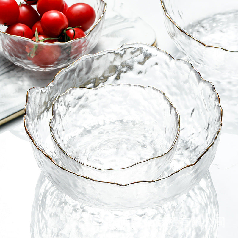 Japanese Style Glass Bowl Gold Rim Salad Bowl Transparent Fruit Plate Dessert Bowl Instant Noodle Bowl Rice Bowl Tableware Household Snack Bowl