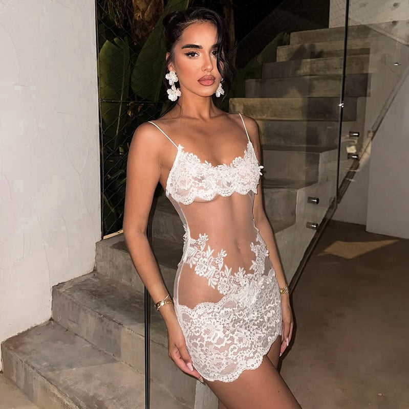 Europe and America ins Fashionable New Sexy Hot Girl Style Sheer Lace Tube Top Patchwork Bodycon Lace Dress for Women