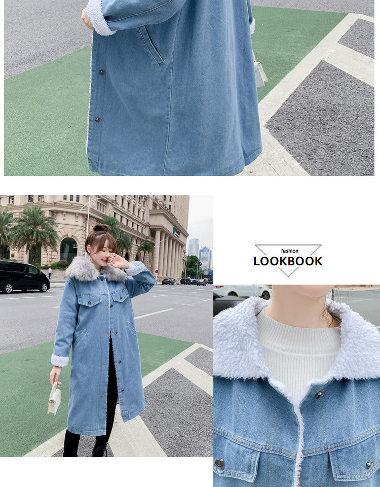 2022Winter New Mid-Length Large Fur Collar Fleece-Lined Lamb Wool Denim Jacket for Women Loose Casual Cotton Coat