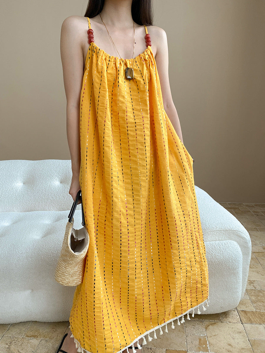 Sinan At dusk and sunset Full Grid Line Beach Vacation Tassel Beaded Strap Dress SN7536