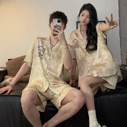 Wholesale Thin Couple Pajamas for Women Spring Autumn Summer Ice Silk Homewear Summer Men's Hot Short Sleeve Shorts Set