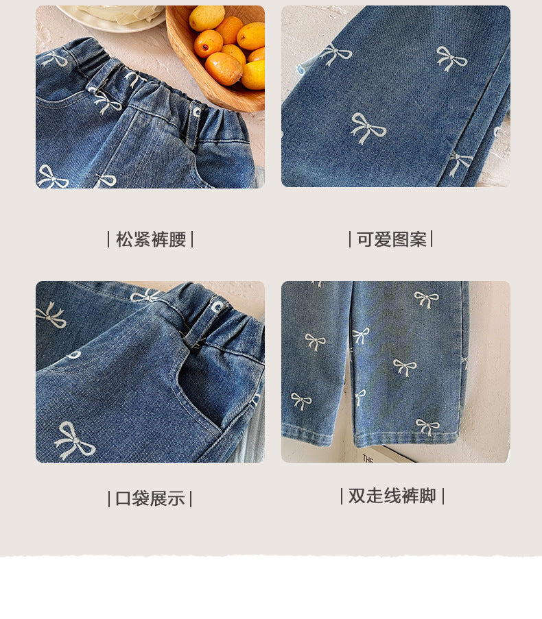 Girls' Pants Bowknot Print Jeans Wide Leg Straight2025Autumn New Fashionable and Stylish for Girls and Young Children
