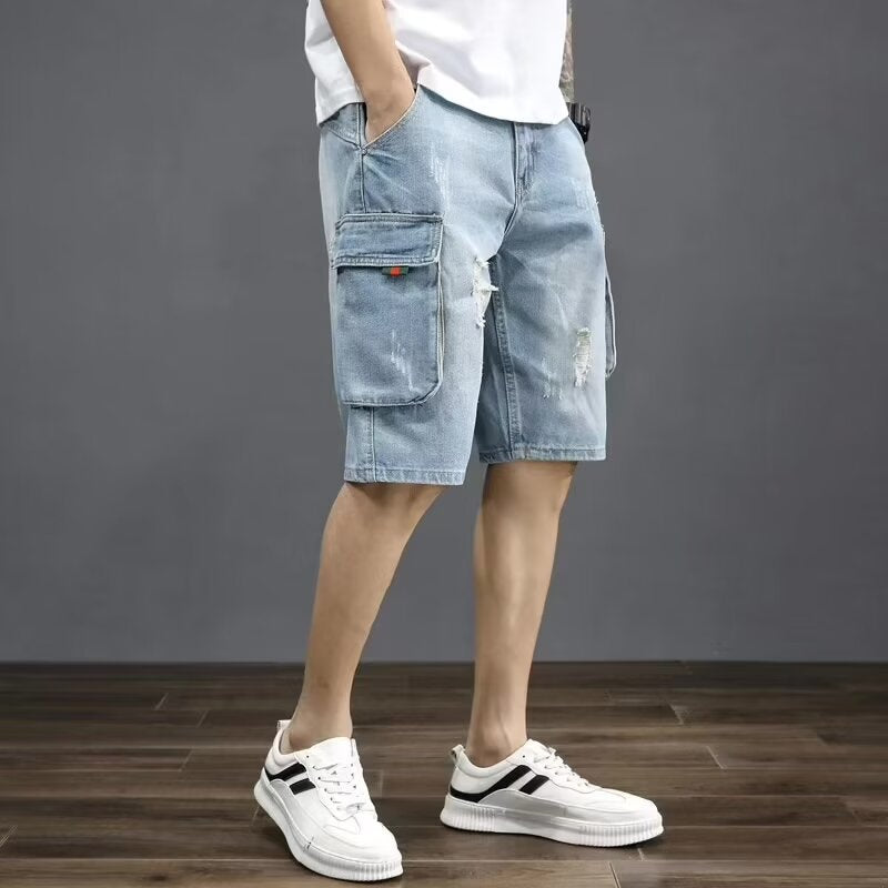 Summer Casual Multi-Pocket Loose Denim Shorts Men Trendy Loose Cargo Pants Retro Jeans Five-Point Shorts
