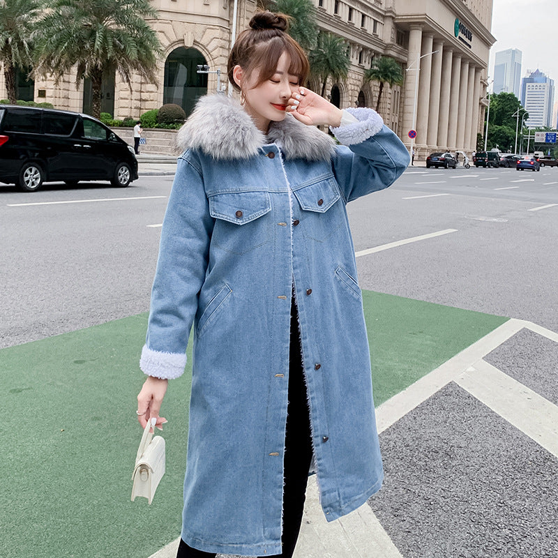 2022Winter New Mid-Length Large Fur Collar Fleece-Lined Lamb Wool Denim Jacket for Women Loose Casual Cotton Coat