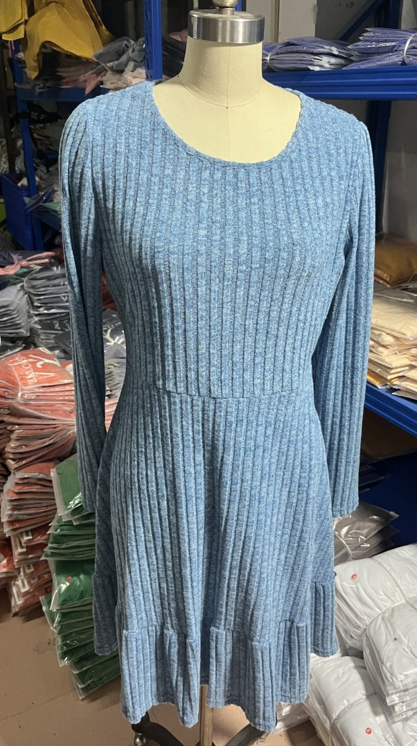 2023Autumn and Winter TEMU Amazon European and American Women's Fashion Cross-Border New Striped Round Neck Knitted Sweater Dress for Women