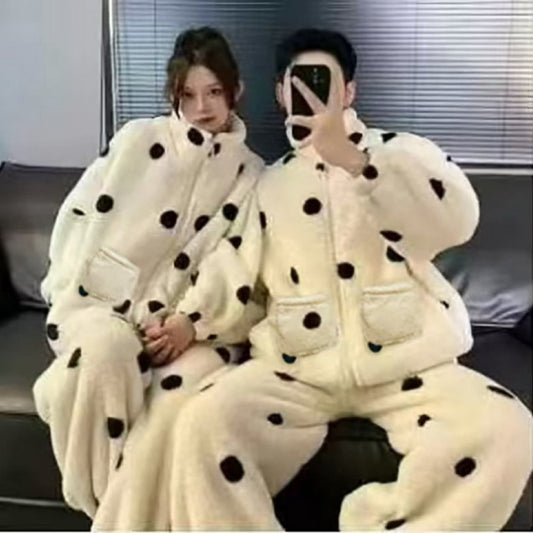 Cute Polka Dot Couple Homewear Autumn Winter Coral Fleece Thickened Zipper High Neck Homewear Set Suitable for Outerwear