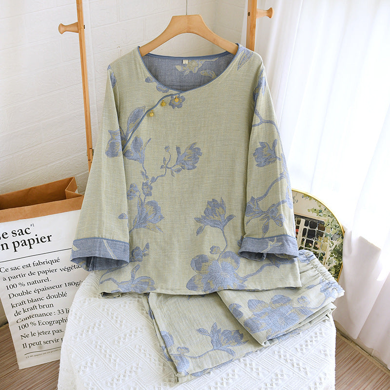 Women's Pearl Button Color Woven Jacquard National Style Pajamas Spring Four Seasons Thin Round Neck Pullover Homewear Set Suitable for Outerwear