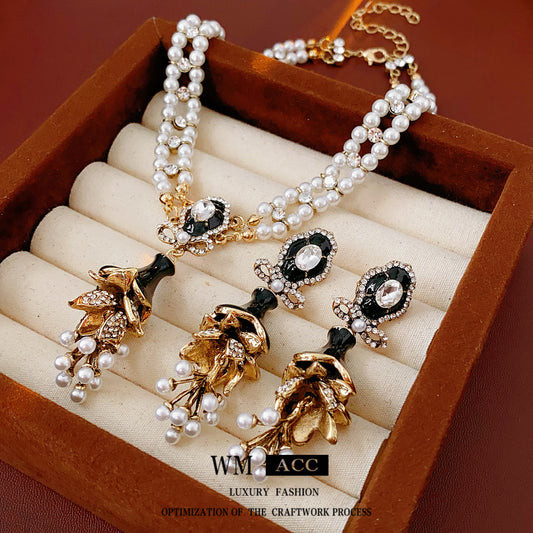 Medieval vintage Jewelry Set Silver Needle Oil Drop Flower Bow Pearl Earrings High-end Vintage Necklace