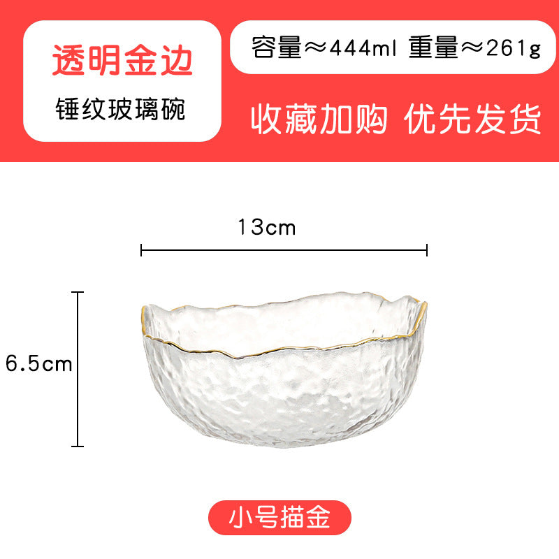 Japanese Style Glass Bowl Gold Rim Salad Bowl Transparent Fruit Plate Dessert Bowl Instant Noodle Bowl Rice Bowl Tableware Household Snack Bowl