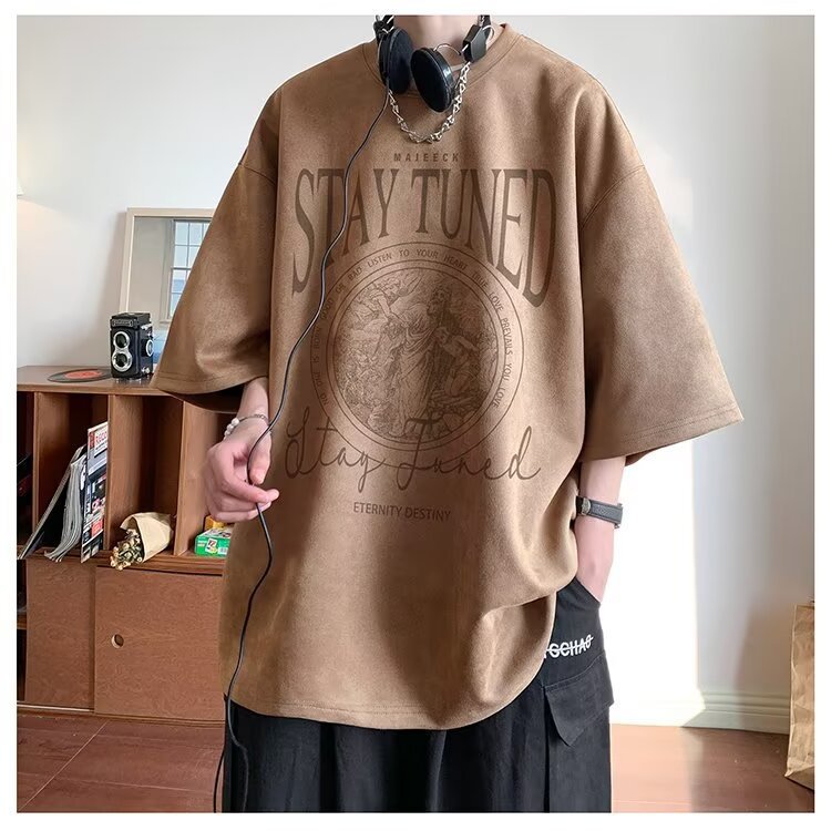 2025New Faux Suede Short Sleeve Men's Summer New American Style Heavyweight Trendy Loose Half Sleeve T Trendy Five-Sleeve Shirt