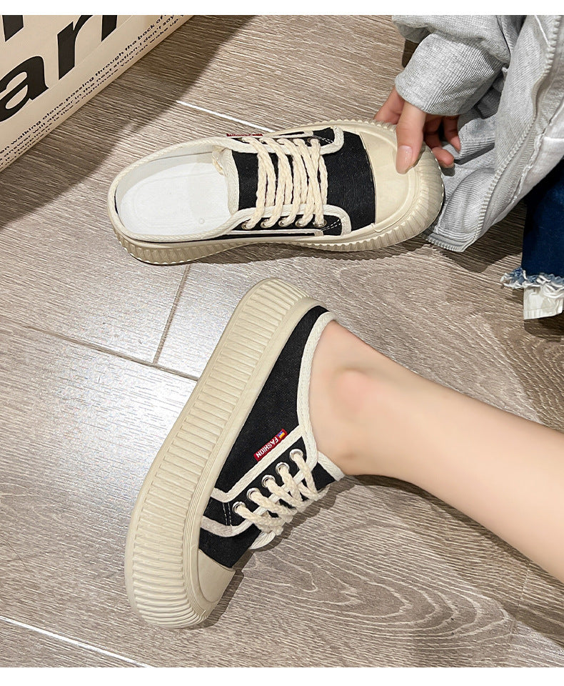 Summer New Trendy Women's Shoes Korean Style Canvas Shoes Thick Sole Loafers Fashion ins White Sneakers Platform Shoes Soft Sole