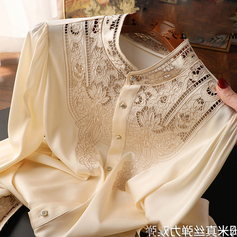 D Luxurious and Elegant Style~Silk Hollow Embroidery Silk Shirt for Women Long Sleeve Fashion Cardigan Summer Top