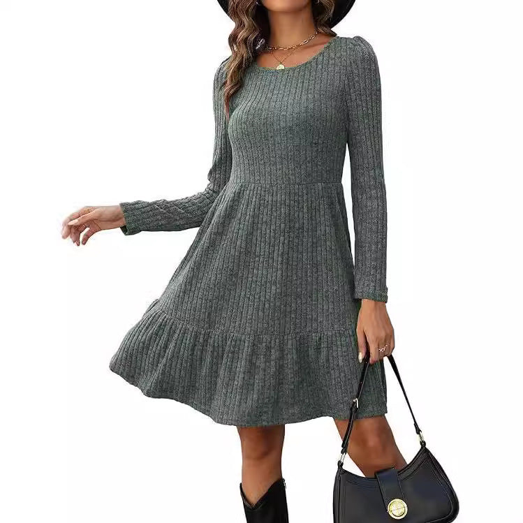 2023Autumn and Winter TEMU Amazon European and American Women's Fashion Cross-Border New Striped Round Neck Knitted Sweater Dress for Women