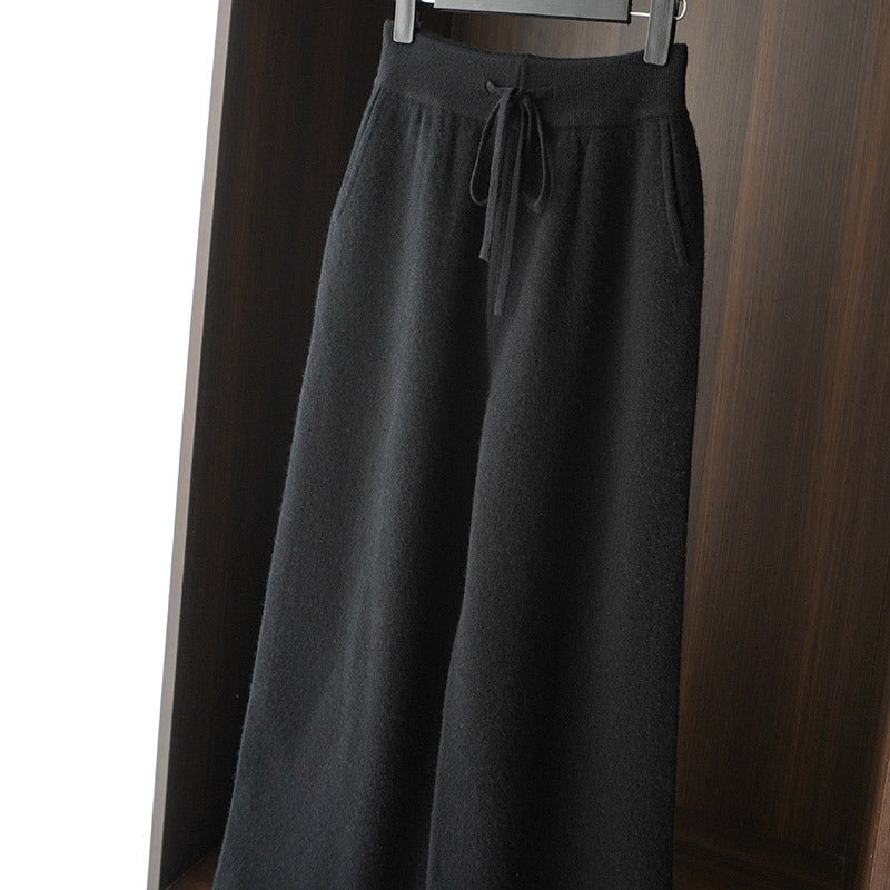 Autumn Winter Thickened Knitted Full Wool Wide-Leg Pants for Women Casual Cashmere High-Waist Draped Loose Straight-Leg Floor-Length Pants