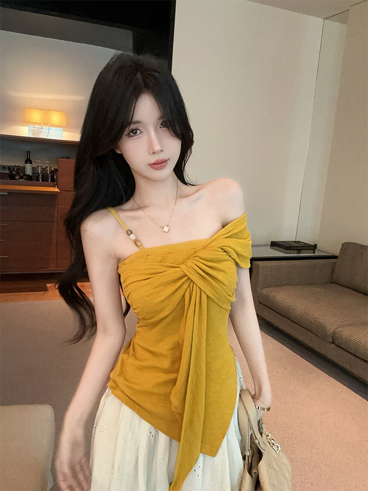 Pure Desire Hot Girl Off-Shoulder Twist t Women's T-shirt2025Summer New Slim Fit Fashionable Unique Design Top