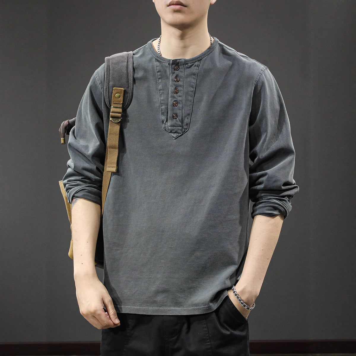 2025New casual men's pure cotton long sleeves t Loose Thin Spring Autumn Trendy Brand Henley Collar Base Shirt Sweatshirt