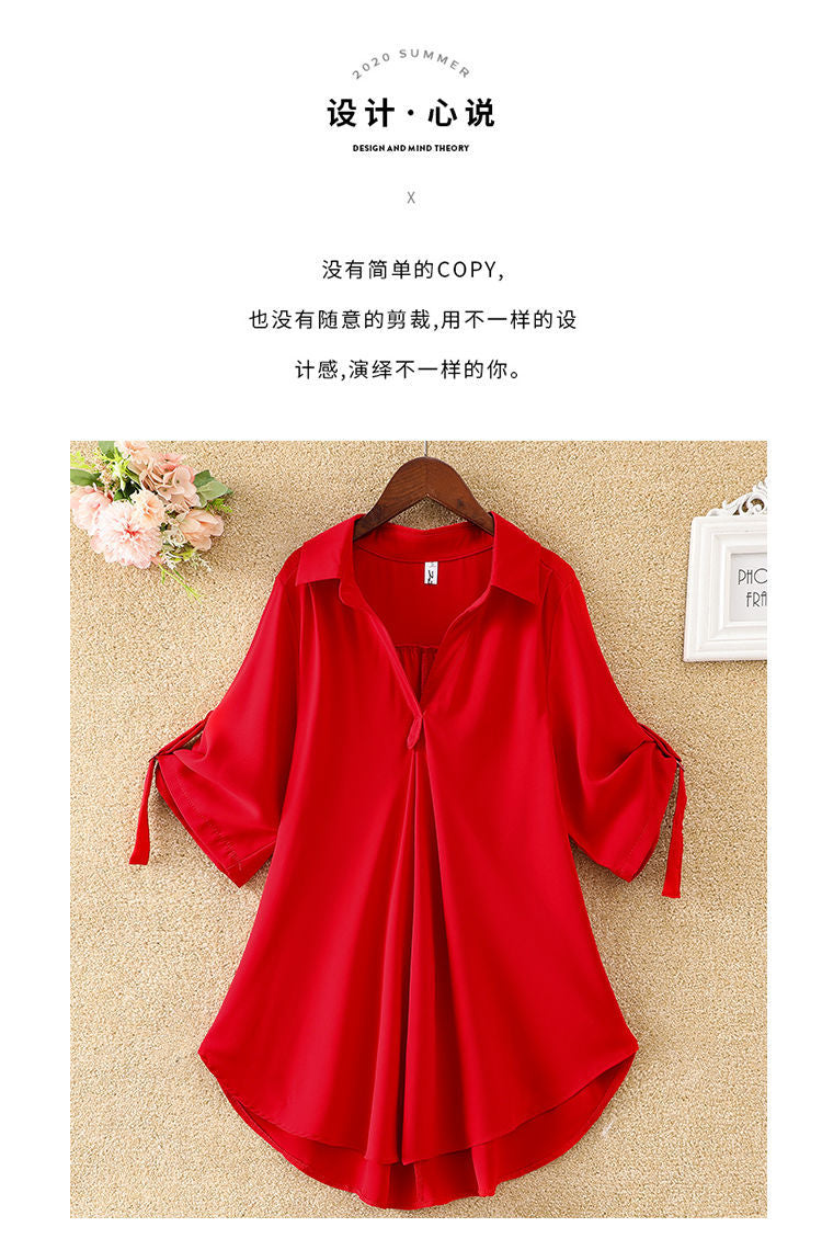 Women's Mid-Length Short Sleeve Chiffon Blouse2025Summer New Large Size Loose Waist Slimming Chiffon Blouse for Women Trendy