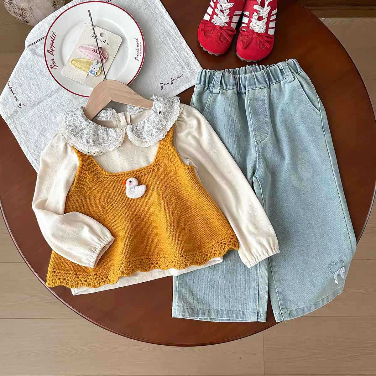 Sweet Little Girl Autumn Set Little Yellow Duck Knitted Vest+Floral Collar Shirt+Denim Wide-Leg Pants Three-Piece Set