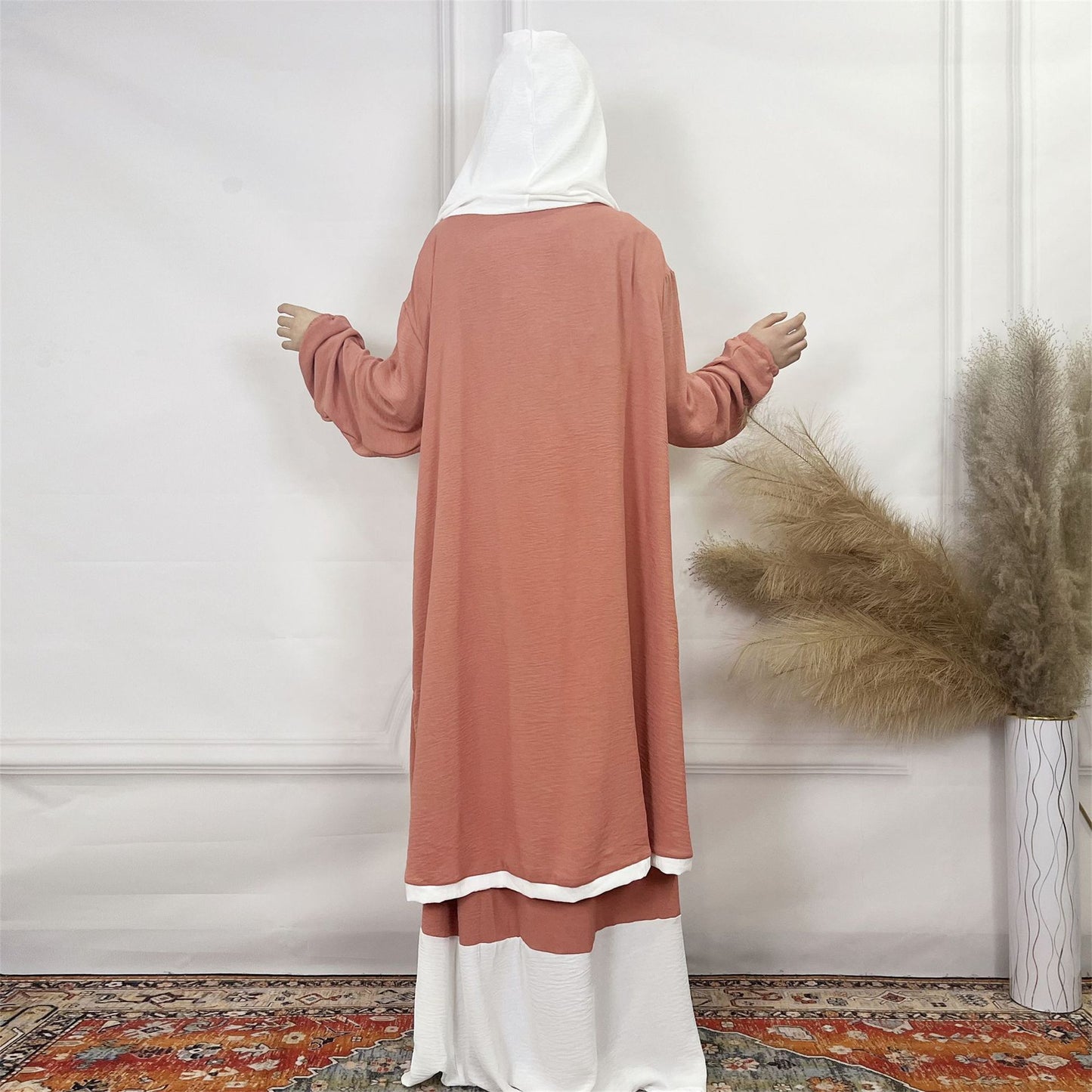 2024Aliexpress Muslims Fashion Women's Two-Piece Set with Bowknot, Solid Color Double-Layer Hat and Robe Set