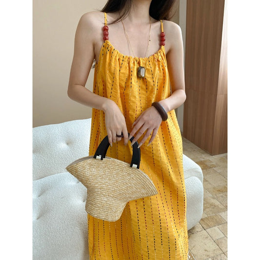 Sinan At dusk and sunset Full Grid Line Beach Vacation Tassel Beaded Strap Dress SN7536