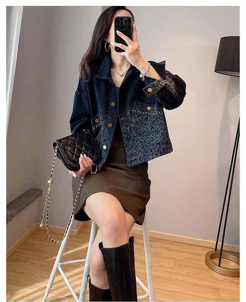 Black Vintage Leopard Print Denim Jacket for Women Fashion Short Coat Autumn Women's Clothing2022New Arrival Jacket