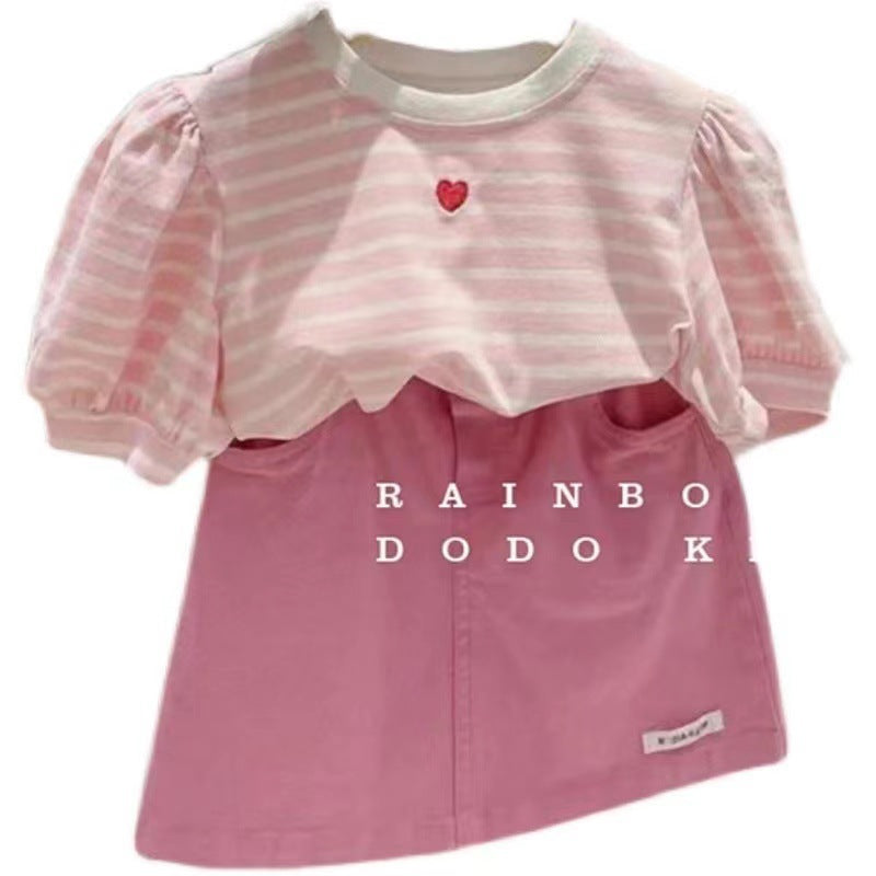Girls' Stylish New Outfit Set2024Summer children's clothing heart stripe short-sleeve top set for little girls two-piece set