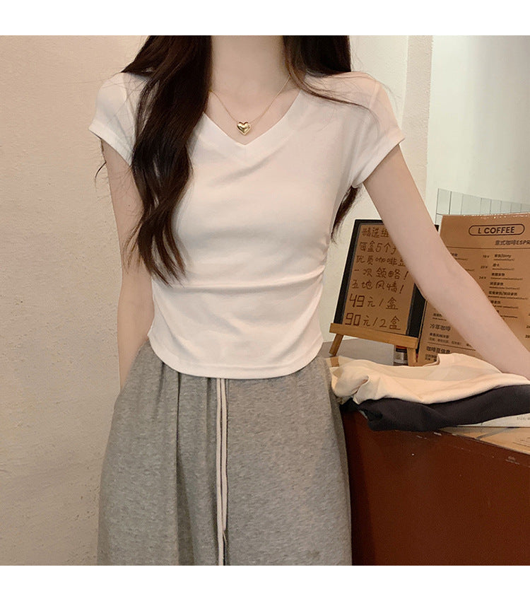 White Slim Fit Ruched t Women's Summer T-shirt2024New design with a structured shoulder and waist-cinching effect for a slimming look V Collar Short Sleeve Top