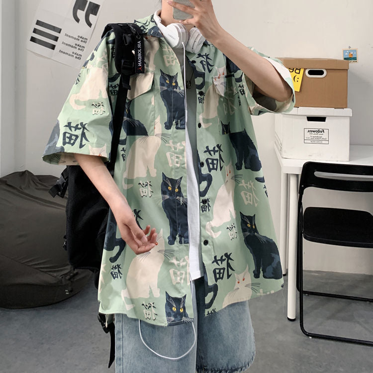 Summer Japanese Style Short Sleeve Shirt Men Half Sleeve Shirt Hong Kong Style Trendy Cat Print Student Loose Casual Shirt12