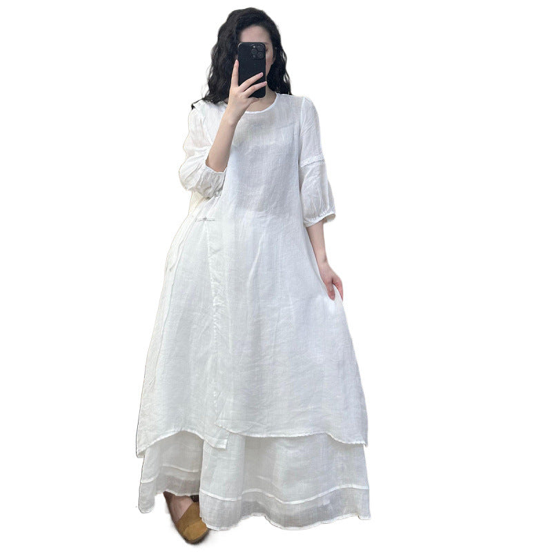 2025Summer New Retro Niche Pure Ramie Handmade Button Lace-up Light National Style Dress
