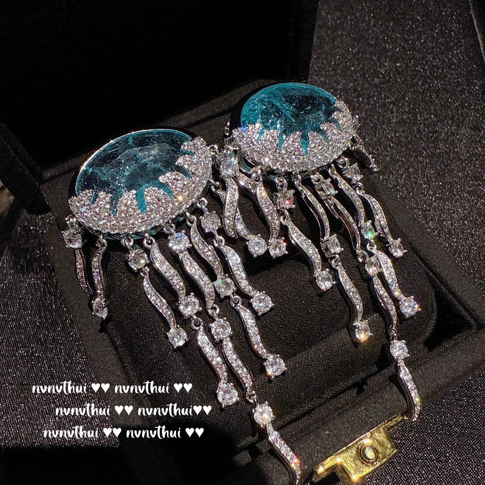 Sparkling Paphos Cloud Pattern Jellyfish Tassel Gemstone Earrings The Joy of a Rich Woman Egg-shaped Princess Pink Earrings