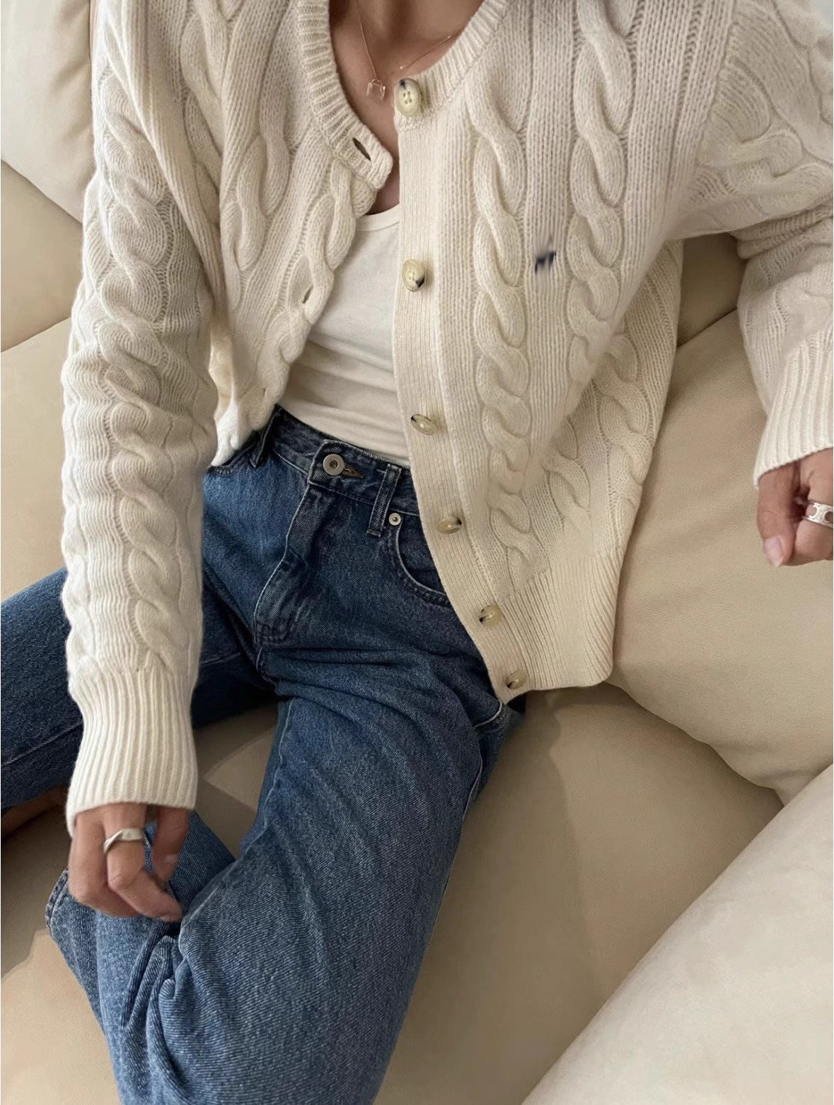 Counter Same Style Pony Embroidery Wool Cable Vintage Knitted Cardigan Women Autumn Winter Sweater Round Neck Thick Coat Top