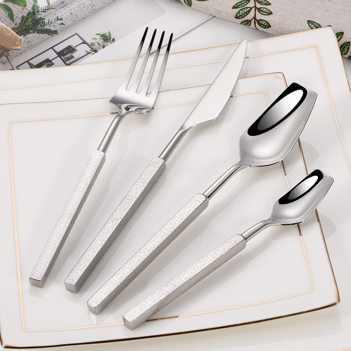New304Stainless Steel Western Tableware Fantawild Hammered Pattern Knife Fork Spoon Set Integrated Thickened Fork Household Spoon