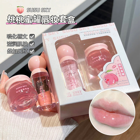 SUSU SKY Peach Honey Pot Lip Makeup Set Moisturizing Hydrating Autumn Winter Anti-Chap Exfoliating Nourishing Repair