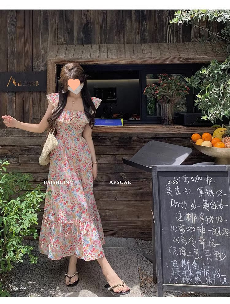 Floral Square Neck Slim Fit Women's Dress for Beach Vacation Casual Long Dress